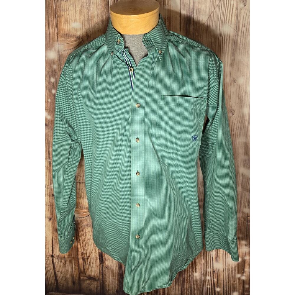Ariat Pro Series Western Button Down Shirt Mens M Plaid Green/white Work Wear
